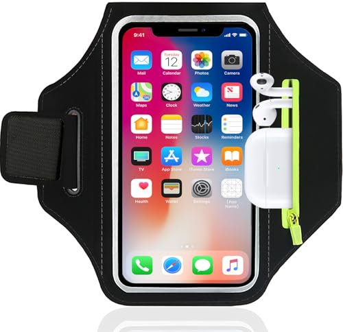 Rusoz Running Phone Holder Armband, Adjustable Sweatproof & Secure Phone Sports Arm Strap for iPhone 16 15 14 13 12 Pro, Arm Band with Key Bag (Black)