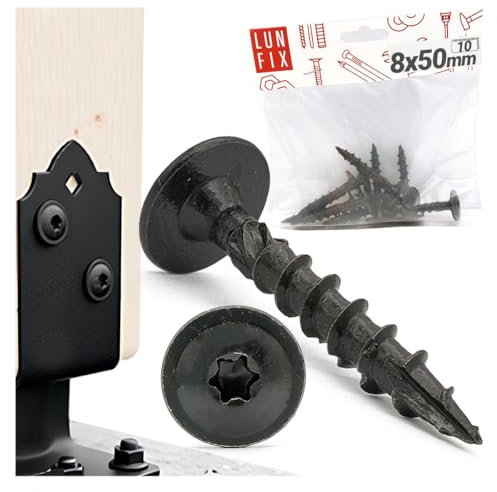 Torx Lot de 10 vis à bois galvanisées pour poteau, 8 x 50 mm, noires, à tête plate, pour connecteurs Lun Fix - Auto-taraudeuses et protégées contre la rouille
