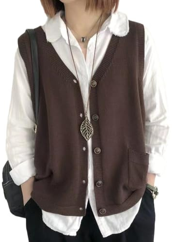 OKSakady Donne Pulsante Collo a V Senza Maniche Loose Maglione a Maglia Gilet a Strati Gilet Cardigan