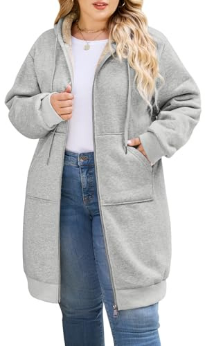 CMTOP Lunga Felpa Donna con Zip Casual Oversize Giacca con Cappuccio Taglie Forti Cardigan in Pile Autunno Invernali Cappotto con Tasche Elegante Chic Cotone Hoodie