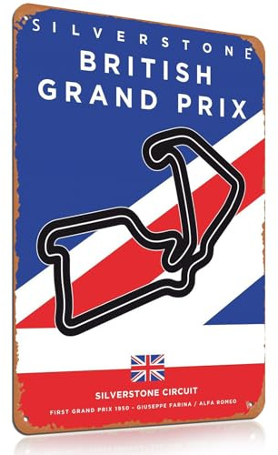 Britain Grand Prix Circuit F1 Gifts Metal Signs Vintage Uk Wall Art F1 Gift for Formula One Fans Gifts for Men Garages, Man Cave, Home Offices and Game Rooms Flag Sign Plaques Decorations