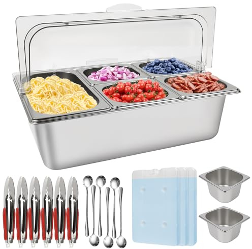 Kalolary Pizza Topping Station, 7 Pans Stainless Steel Spice Organizer Salad Bar Buffet Station with Spoons Ice Boxes Buffet Containers Set for Sauce Jam Ingredient Kitchen Restaurant Pantry