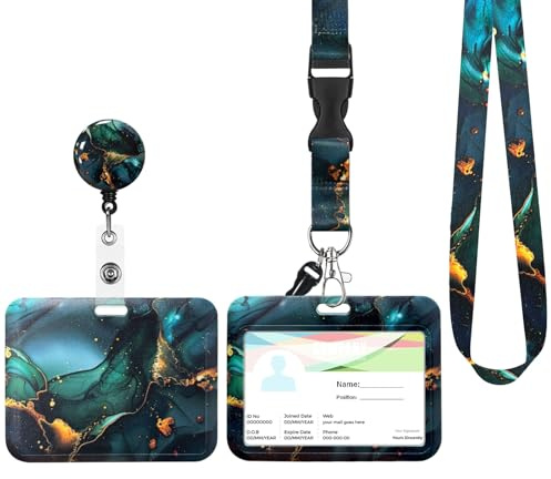 Porte Badge Cordon Tour de Cou, Porte-cartes avec Swivel Lobster Clasp Rétractable pour Cartes d'transport d'étudiant d'infirmière, Carte de Bureau (rose) (Vert foncé et or)