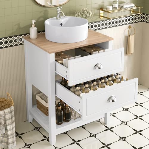 NADEUSAK Mueble de baño con lavabo redondo de cerámica, con 2 cajones, estante abierto, mueble de baño de pie, color blanco y aspecto de madera