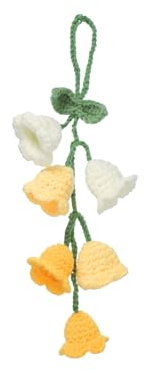QUARKZMAN Häkeln Autoanhänger Accessoire Für Auto Deko Weiß/Hühnergelb | Handgemachter Schmuck, Mit 6 Niedlichen Maiglöckchen Blumen, Tasche Schlüsselanhänger