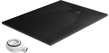 EMKE Duschwanne mit Siphon 120x90 cm Rutschfeste Duschtasse SMC Flachduschwanne Höhe 2.6 cm Duschwannen mit Zuschneidbar Abdeckung und 90mm Ablaufgarnitur Schwarz
