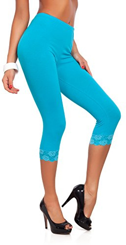FUTURO FASHION Cropped 3/4 Lenght Cotton Leggings with Lace I Leg Side Floral Lace Capri Leggings I Sexy Summer Cropped Leggings I Sizes 8-22 UK Turquoise