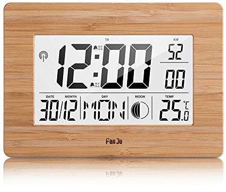 FanJu FJ3530 Digital Wecker Funk Batteriebetriebener Groß Tischuhr mit Extra Großem Display,Innentemperatur,Mondphase,Schlummerfunktion,Calendar Wecker für Zu Hause.