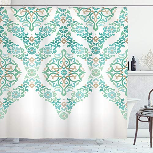 ABAKUHAUS Traditionell Duschvorhang, Vintage Blumen Boho, Stoffliches Gewebe Badezimmerdekorationsset mit Haken, 175 x 240 cm, Grün Tan