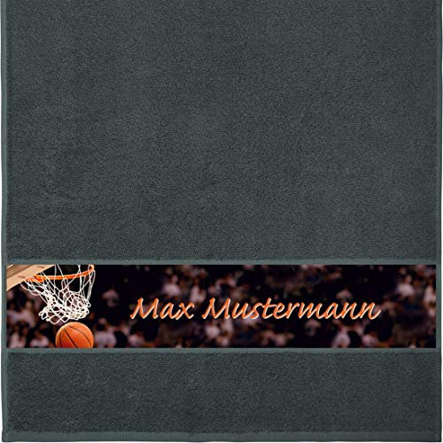 Handtuch mit Namen - personalisiert - Motiv Sport - Basketball - viele Farben & Motive - Dusch-Handtuch - anthrazit - Größe 50x100 cm - persönliches Geschenk mit Wunsch-Motiv und Wunsch-Name