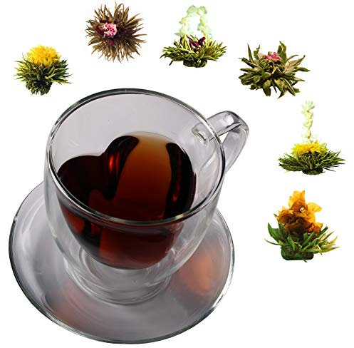 bedida® Doppelwandige Teegläser (1x350ml) inkl. 6x Tee (Schwarz, Grün, Weiß), Teeblumen Geschenkset |Teegeschenk: Doppelwandige Gläser + Erblühtee, Thermogläser doppelwandig, Tee Geschenkset, Tee Set