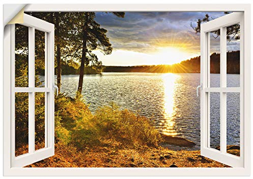 ARTland Wanddeko Wandtattoo selbstklebende Vinylfolie 100x70 cm Fensterblick Fenster Landschaft Natur Wald See Sonnenuntergang Wolken K2RH