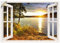 ARTland Wanddeko Wandtattoo selbstklebende Vinylfolie 100x70 cm Fensterblick Fenster Landschaft Natur Wald See Sonnenuntergang Wolken K2RH