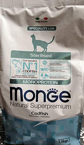 Monge Natural Superpremium Monoprotein* STERILISED Codfish, Nassfutter für Katzen (Nassfutter aus Dorsch, reich an Ballaststoffen, ohne Farb- und Konservierungsstoffe, Katzenfutter, 1,5 kg)