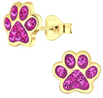 FIVE-D Ohrringe Pfote Tatze Hund 925 Sterling Silber gold Kinder Damen Mächen (Gold-Fuchsia)