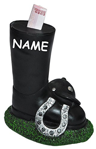 XL Spardose Reitstiefel mit Reithelm/Hufeisen - incl. Namen - stabile Sparbüchse aus Kunstharz mit Schlüssel - Sparschwein lustig witzig Pferd Pferde - Reis..