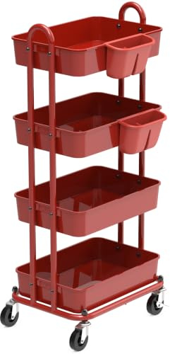 Simple Houseware 4-stufiger multifunktionaler Rollwagen mit Korbtrennwänden und hängenden Eimern, Rot