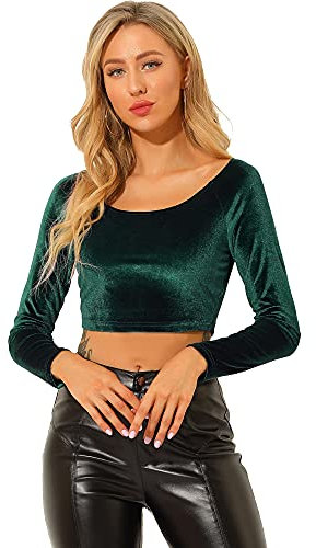 Allegra K Women's Velvet Long Sleeve Crops Off Shoulder Solid Crop Top Slim Fit Saree Blouse Dark Green M