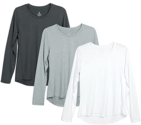 icyzone Damen Sport Shirt Langarm 3er Pack Atmungsaktive Laufshirt Funktionsshirt für Gym Fitness (Black/Gray/White, XL)