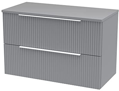 Hudson Reed DFF295W Fluted Modern Bathroom Wall Hung 2 Drawer Vanity Unit with Colour Match Worktop, 800mm, Satin Grey