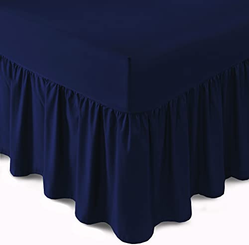 Bronwen Mathew Frilled Fitted Base Valance Sheet Extra Deep King Size Bed Skirt Valance Fitted Sheets Navy, Soft Brushed Microfiber Easy Care Non Iron (King, Navy)