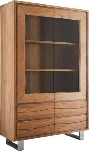 DELIFE Glasvitrine Live-Edge Akazie Natur 120x190 cm 2 Türen 4 Schubladen gerade Kante