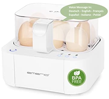 EMERIO ausgezeichnet einzigartiger Eierkocher kocht alle drei Garstufen [weich|mittel|hart] in nur einem Kochvorgang mit perfektem Ergebnis und multilingualer Sprachausgabe in DE EN FR ES IT PL