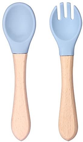 Silicone Baby Fork and Spoon Set, 1pc Silicone Fork 1pc Silicone Baby Spoon Self Feeding 6+ Months Wooden Handle Baby Led Weaning Spoon Utensils for Training (Blue)