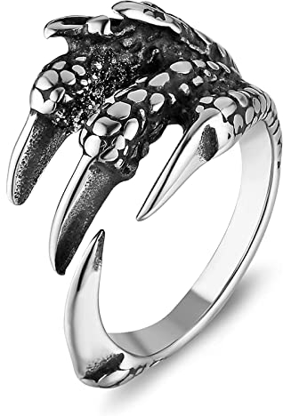 Cosysparks Drachenklaue Ring, Edelstahl Dragon Claws Einstellbar Offen für Herren, Silber Cool Vintage Drachen (A)