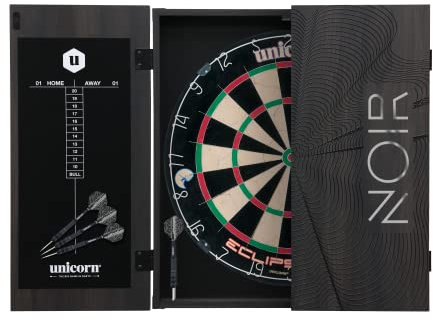 Unicorn Home Darts Centre | Noir | Eclipse Pro Dartboard & Black Cabinet | Sisal Bristle Board with Staple-Free Construction | Wipe-Clean Scoring Blackboard | includes 2 Sets of Darts