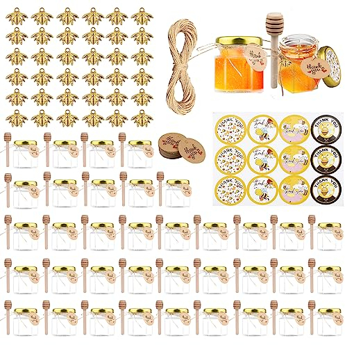 Dhnvcud Kleine Honiggläser, 36 Stück Honigglas Marmeladengläser mit Honiglöffel, 45ml Mini Gläser Honig mit Bienen Anhänger, Aufkleber, Dankeskarten, Jute, Perfekt für Baby Dusche, Hochzeit und Party