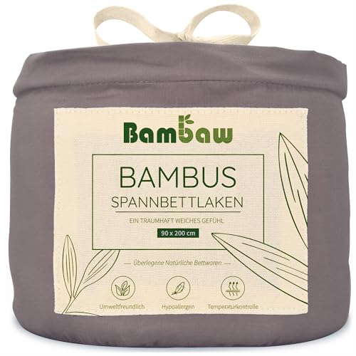 Bambaw Spannbettlaken Bambus 90x200cm, 35 cm Steghöhe, regulierendes und kühlendes Bettlaken, Bettwäsche für Allergiker, Sommer und Winter Spannbettlaken 90x200 cm, Bettlaken Bambus (Dunkelgrau)