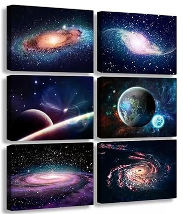 Universum Sternenhimmel Wandkunst Weltraum Planet Wandkunst Leinwand Dekoration Gemälde für Schlafzimmer, Wohnzimmer Badezimmer Dekor Poster für Kinder, Jungen oder Mädchen Zimmer, 6 Stück, gerahmt