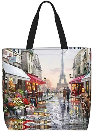 Schöne Karikatur-Katzen-Druck-große Segeltuch-Einkaufstaschen-wiederverwendbare Einkaufstaschen mit Make-up-Tasche für Frauen, Ölgemälde Paris Straßenszene Eiffelturm, Einheitsgröße