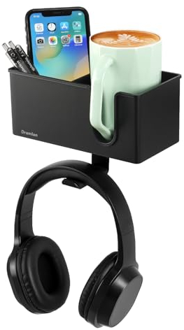 DramLan Desk Organizer with Headphone Hanger Desk Cup Holder for Desk Storage Beverages Phone Holder Clip on Desk Cup Holder Rotating Headphone Hanger and Detachable Desk Storage (Black)