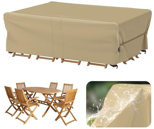 Velway Housse Salon de Jardin Imperméable: Housse de Table Jardin Rectangulaire avec Bande Réfléchissante - 600D Oxford Coupe-vent Couverture de Protection Meubles Bâche pour Table - Kaki 200x160x74cm