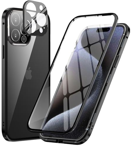 MIMGOAL Case for iPhone 15 Pro Magnetic Glass Black | Magnetic Adsorption, Front And Back Glass, 360 Protection, Metal Bumper, Wireless Charging Compatible
