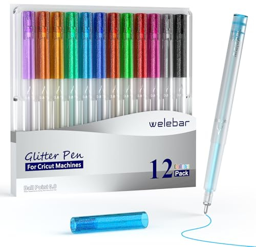 Welebar Lot de 12 stylos à bille à encre gel pailletée pour Cricut Maker 3/Maker 4/Explore 3/Explore 4/Air 2, pointe 0,8 pour écrire, dessiner, invitations