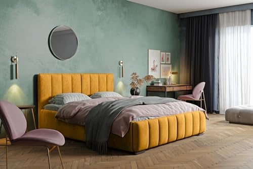 MARPUR Polsterbett Nero mit Kopfteil, 140x200 cm, Doppelbett mit Bettkasten und Lattenrost aus Holz, Velourstoff: Gelb