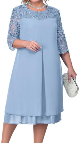 IMEKIS Women's Plus Size Party Dress with 3/4 Sleeves, Round Neck, Floral Embroidery in Chiffon - Light Blue, Size 3XL - Perfect for Wedding Guest, Formal Cocktail Evening Occasions