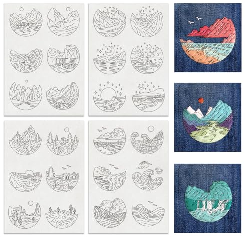 BENECREAT 4 Blatt 24 Stück Wasserlösliche Stickmuster, Natürliche Landschaft Wälder Stich Stickerei Papier Wasserlösliche Stabilisatoren Für Carves, Hemden, Mäntel, Taschen, Handtücher
