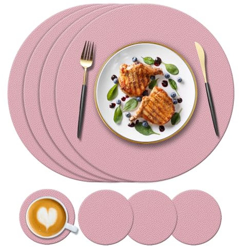 KERYCHIN 4 Round Silicone Place mats + 4 Coasters Set, Heat-Resistant 450 °F Placemats, Non-Slip and Washable, Decoration Accessories for Home, Hotel, Dining Table, Indoor, Outdoor, Pink