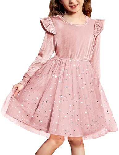Arshiner Robes pour Filles Robe en Velours pour Tout-Petits Robe en Tulle à Col Rond à Volants Robe à Manches Longues Robe de Soirée pour Enfants Robe de Soirée Bleue avec Paillettes 3-4 Ans