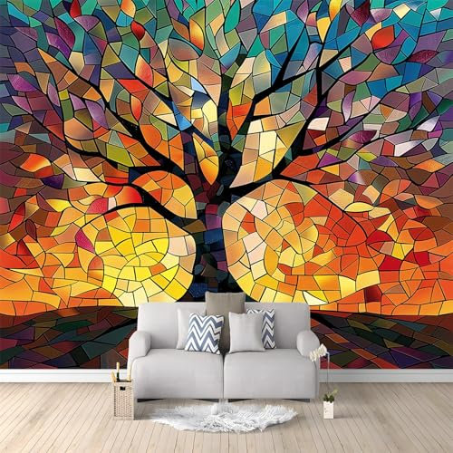 Papier Peint Panoramique 3D Arbre De Vie Style Vitrail Murale Chambre à Coucher Maison Décoration Intérieure, Papier Peint intissé fond pour Chambre D'Enfant Salon Murale 300x210 cm