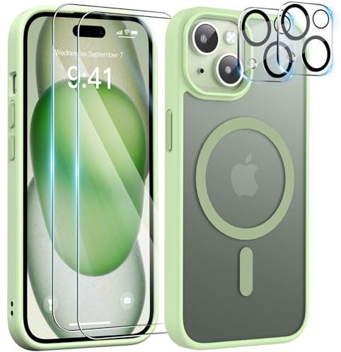 YisrLery Magnetica Cover iPhone 15 con 2 Vetro Temperato e 2 Vetro Fotocamera, Compatibile Mag Safe Hard PC Anti-Graffio Protettiva Case Antiurto Custodia con Bumper TPU (Verde Chiaro)