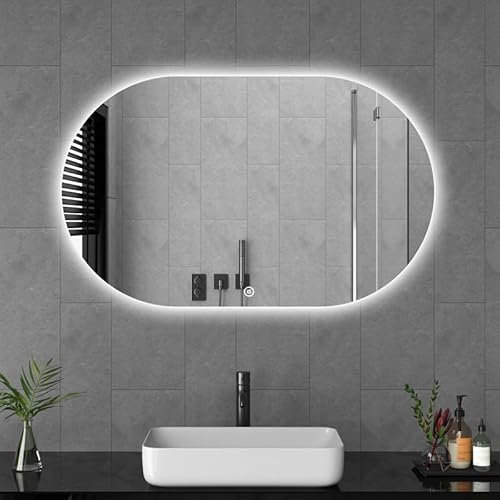 Goezes LED Badspiegel mit Beleuchtung 50x90cm Oval Spiegel, Badezimmerspiegel 3 Lichtfarbe Dimmbare 3000-6500K Badezimmer Wandspiegel, Wandmontage Schminkspiegel mit Touchschalter