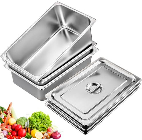 BORDEAG Plat Four, Set de 3 Bac Gastro Inox, Plat Inox Avec Couvercle 32,5 x 17,5 x 6,5 cm, Plat Inox Rectangulaire, Compatibles avec Fours et Réfrigérateurs