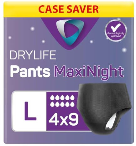 Drylife Pants Maxi Night Einweg-Inkontinenzunterhose zum Hochziehen, Unisex, 3000 ml Saugfähigkeit, Schutz über Nacht, auslaufsicher, atmungsaktives Material, Größe L, 4 Packungen mit 9 Stück