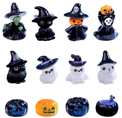 12 Stück Halloween Deko Miniatur Figuren Harz Halloween Mini Figuren Kürbis Geist Hexen Eule Totenkopf Halloween Mini Ornamente für Horror Dorf Spukhaus Tischdeko Garten Puppenhaus Outdoor Party Deko