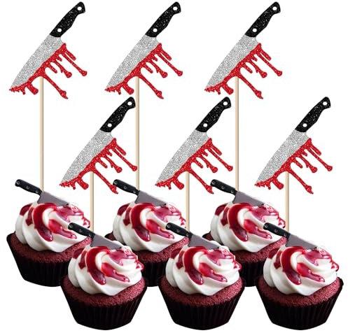 Xsstarmi 30 Pack Blood Knife Cupcake Toppers Horror Halloween Knife Have a Killer Birthday Cupcake Picks Decorations for Halloween Blood Knife Theme Birthday Party Cake Decorations